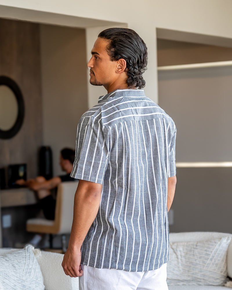 Charles | Chemise en Lin Rayée pour Hommes avec Col Montant