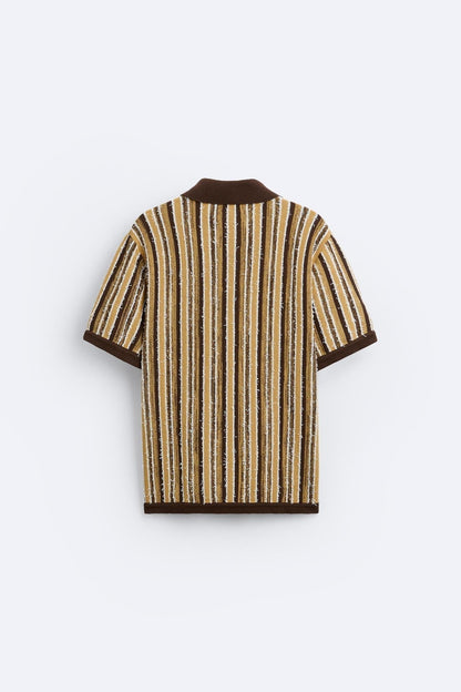 Polo Tricoté Rétro avec Motif Rayé