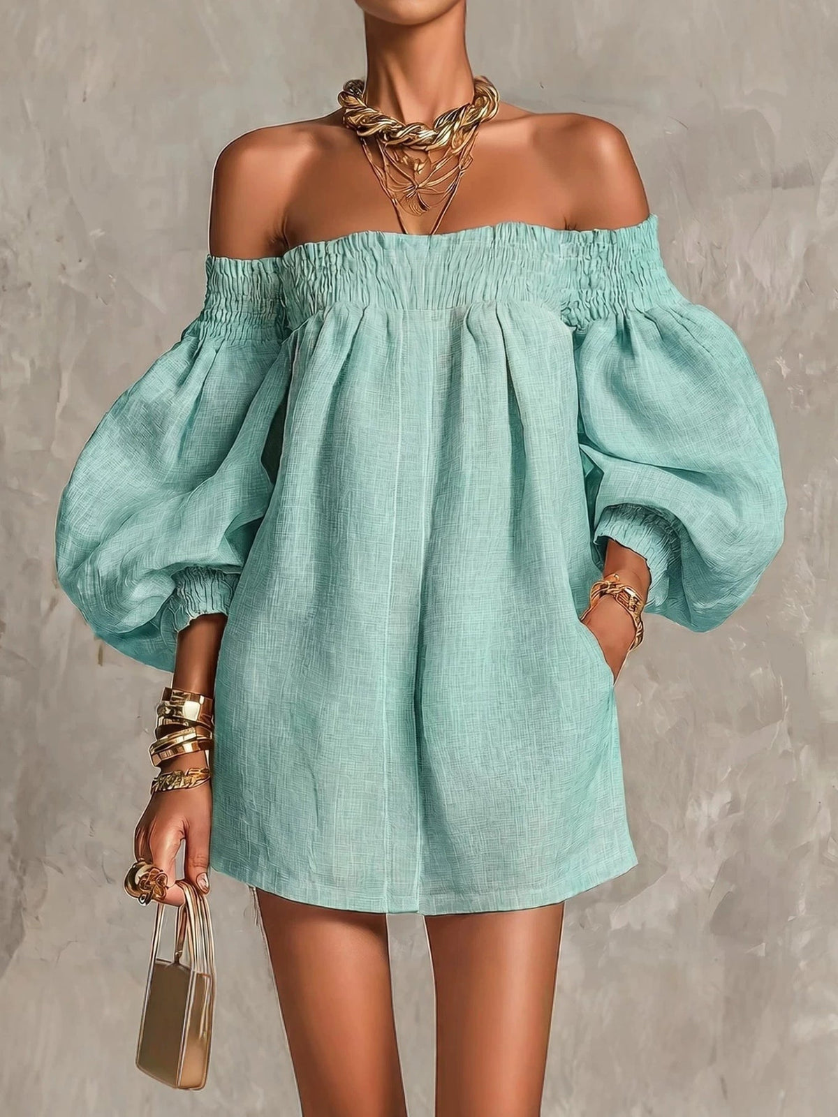 Rosaline | Mini-Robe Épaules Dénudées à Manches Bouffantes