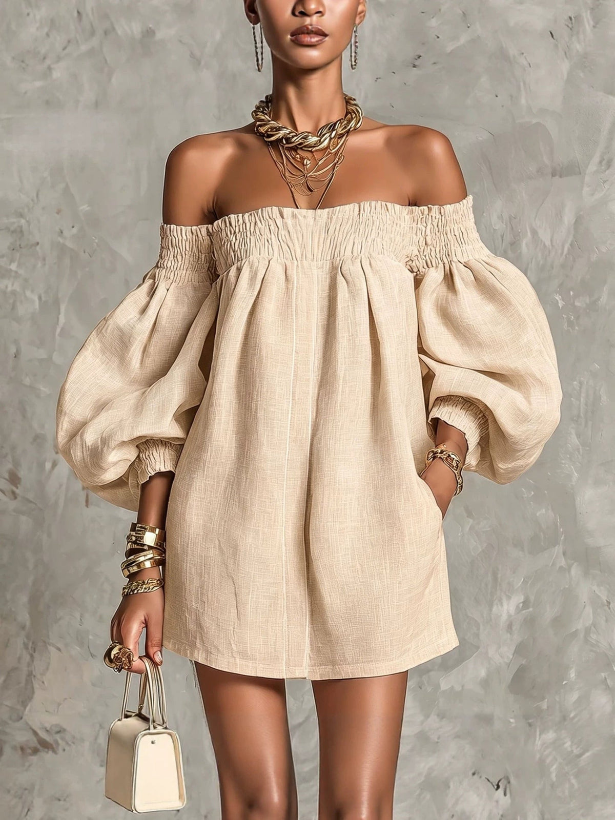 Rosaline | Mini-Robe Épaules Dénudées à Manches Bouffantes