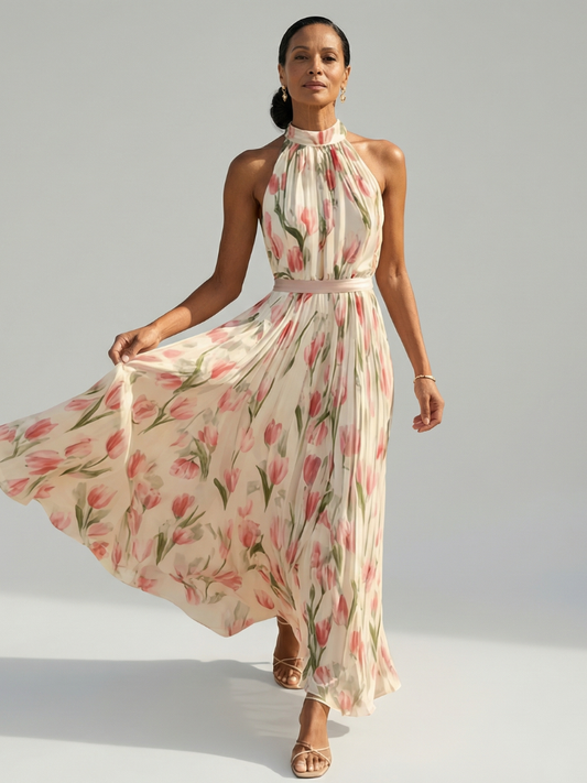 Robe Midi à Col Halter à Fleurs Aurelle