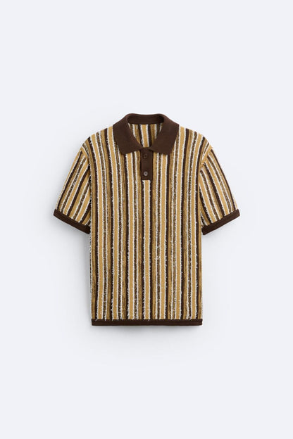Polo Tricoté Rétro avec Motif Rayé