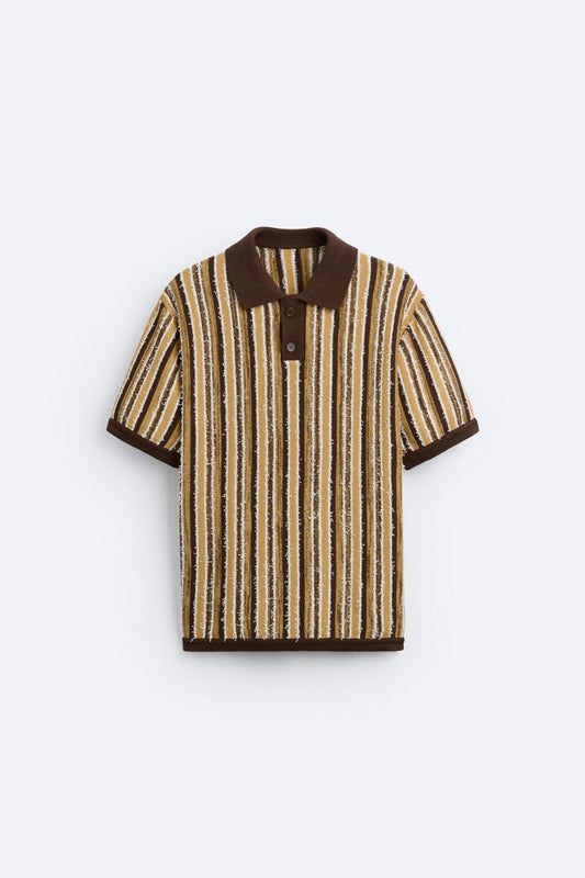 Polo Tricoté Rétro avec Motif Rayé