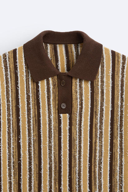 Polo Tricoté Rétro avec Motif Rayé