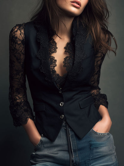 Claudine | Haut Blazer Noir à Manches Semi-Transparentes