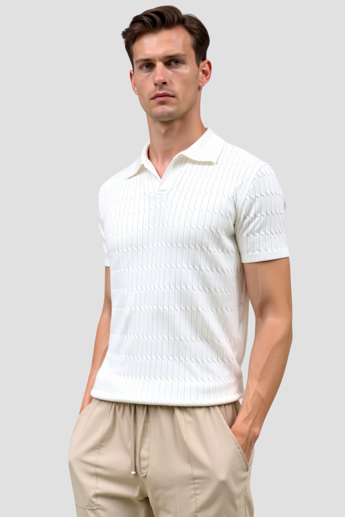 Polo en tricot blanc avec motif texturé