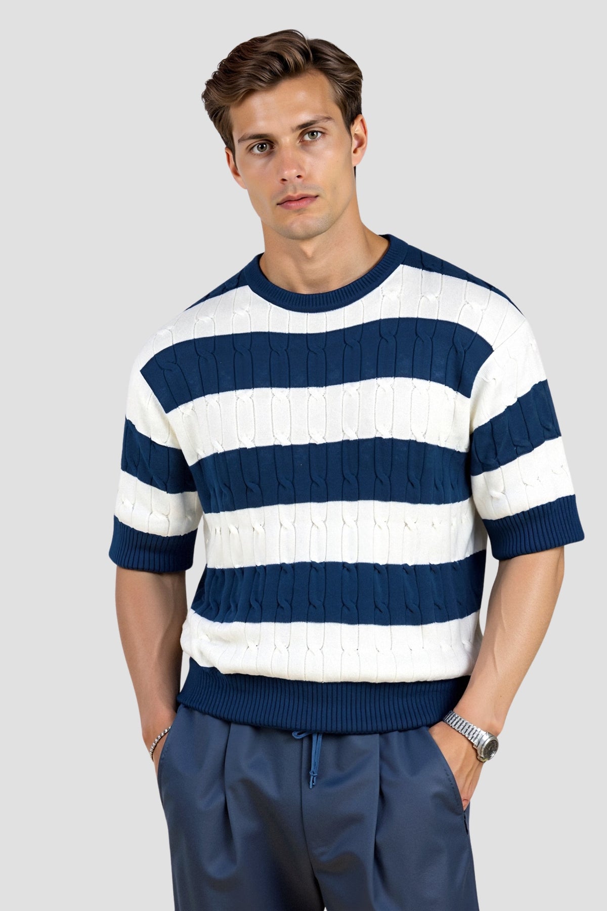 Pull rayé pour hommes à manches courtes – Élégant &amp; Confortable