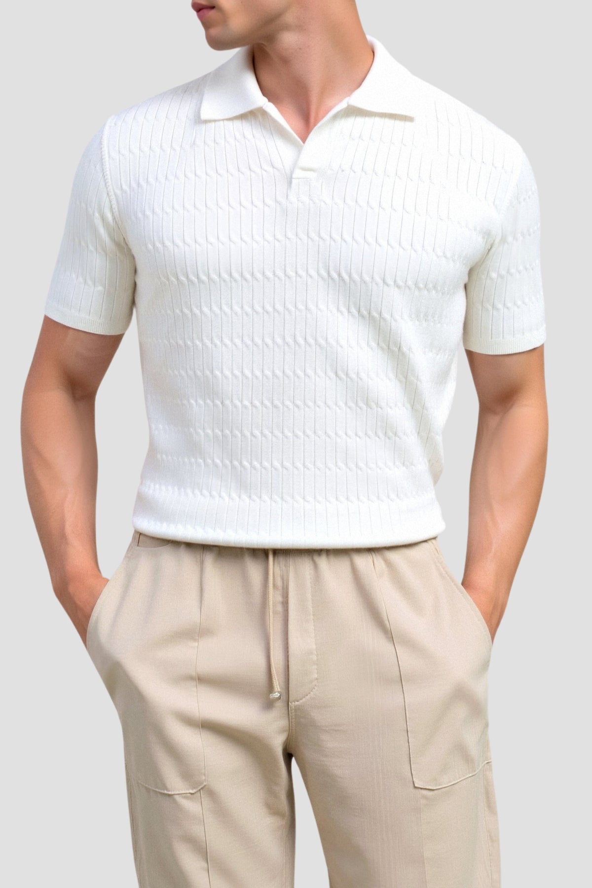 Polo en tricot blanc avec motif texturé
