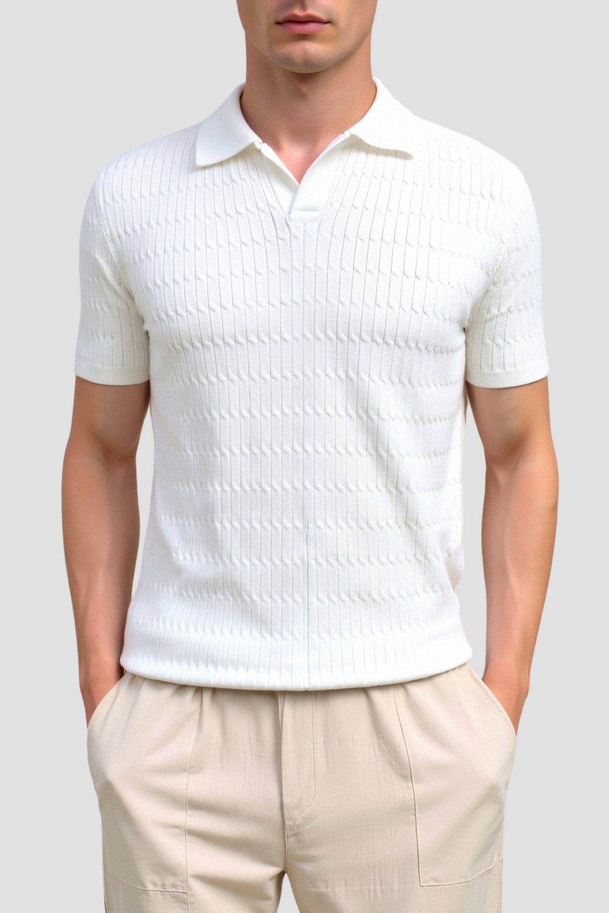 Polo en tricot blanc avec motif texturé