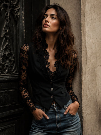 Claudine | Haut Blazer Noir à Manches Semi-Transparentes