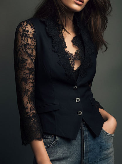 Claudine | Haut Blazer Noir à Manches Semi-Transparentes