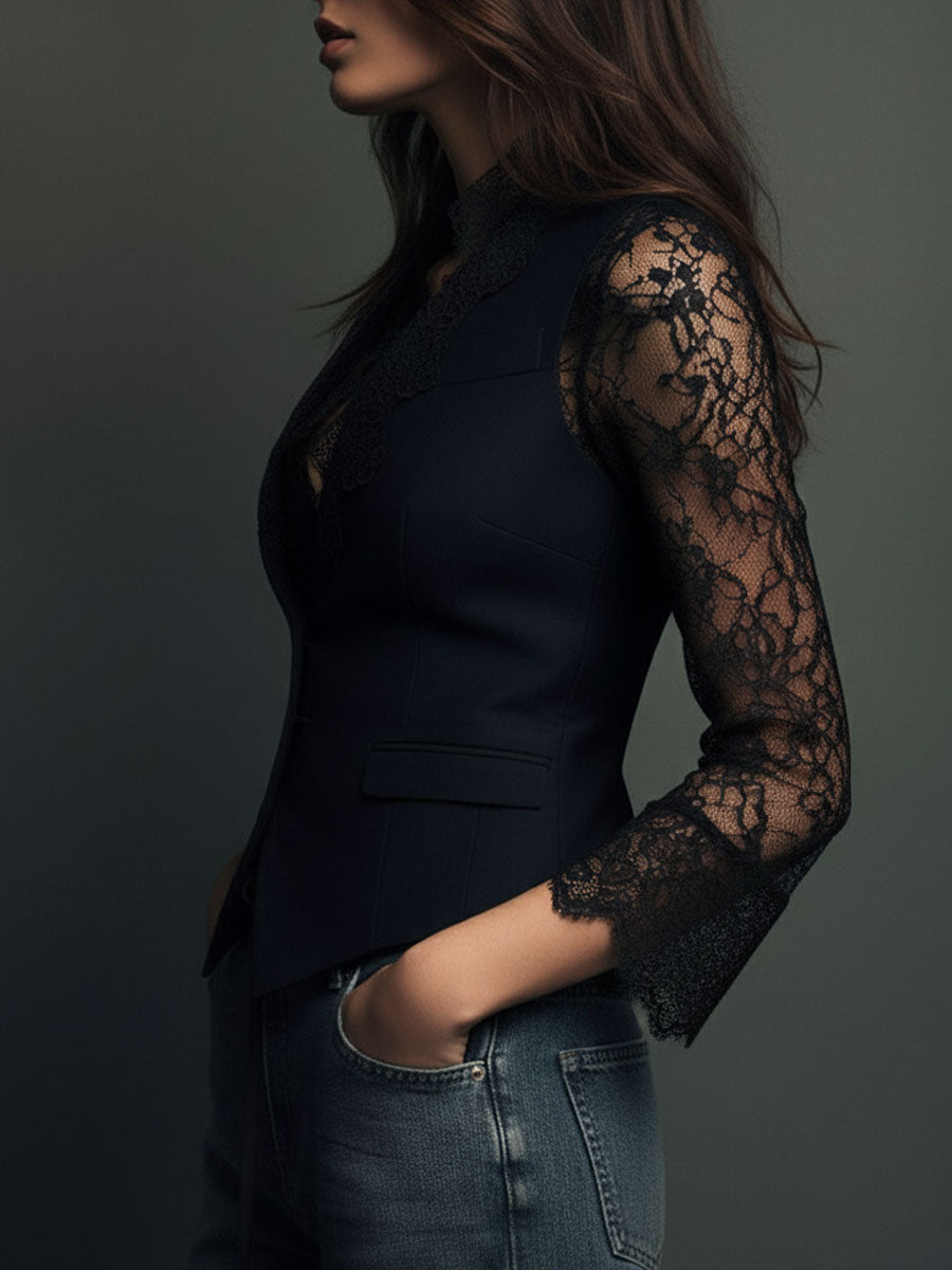 Claudine | Haut Blazer Noir à Manches Semi-Transparentes
