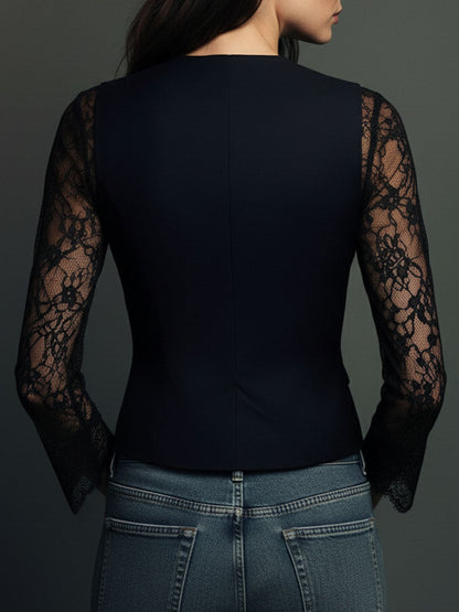 Claudine | Haut Blazer Noir à Manches Semi-Transparentes