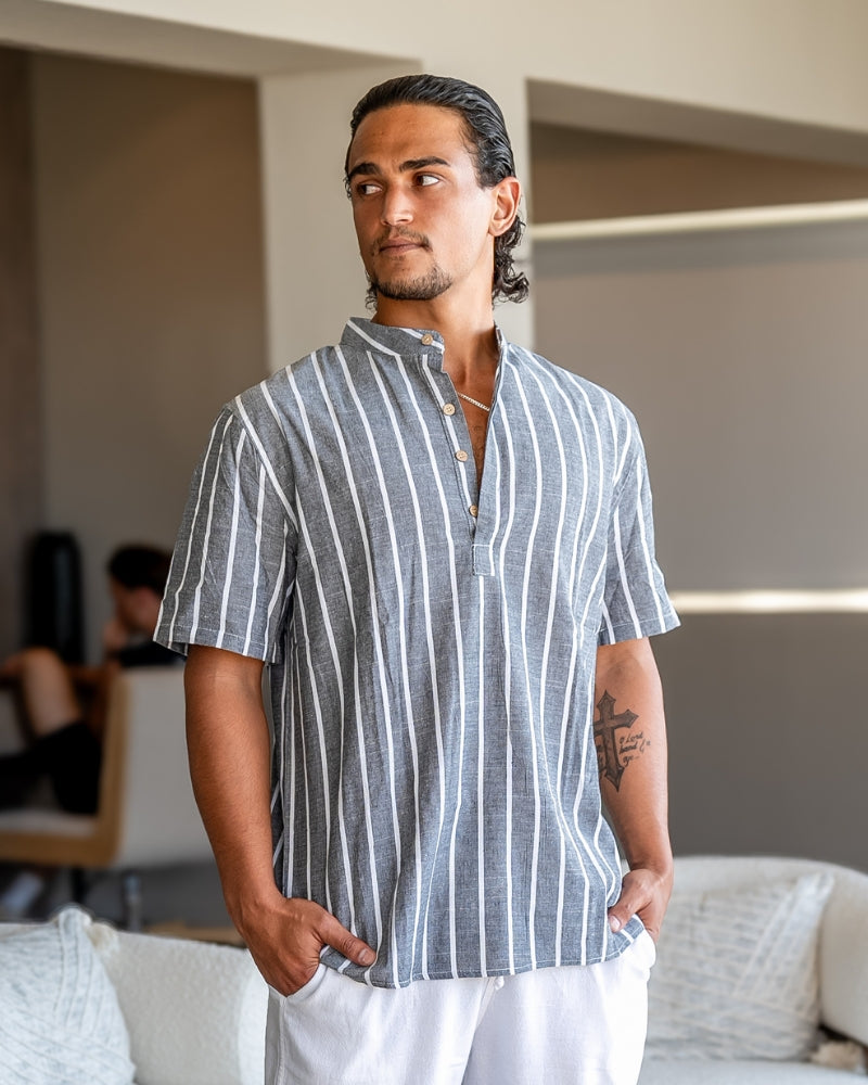 Charles | Chemise en Lin Rayée pour Hommes avec Col Montant
