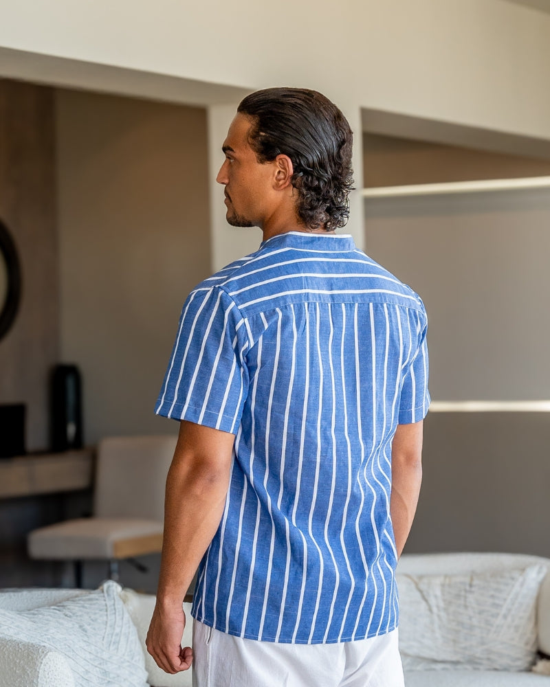 Charles | Chemise en Lin Rayée pour Hommes avec Col Montant