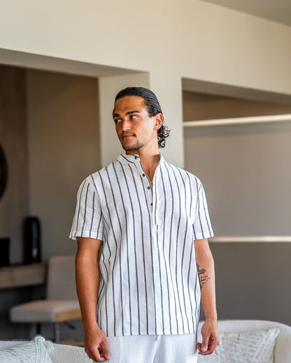 Charles | Chemise en Lin Rayée pour Hommes avec Col Montant