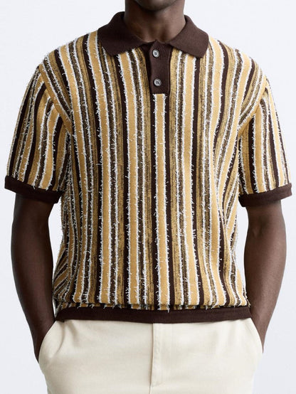 Polo Tricoté Rétro avec Motif Rayé