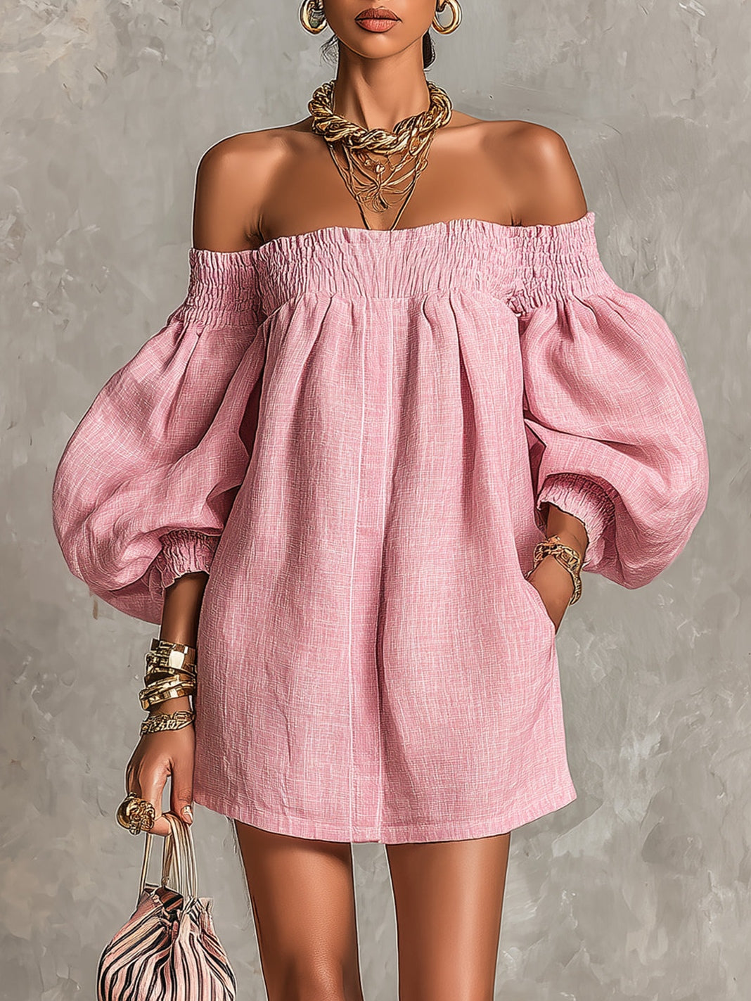 Rosaline | Mini-Robe Épaules Dénudées à Manches Bouffantes
