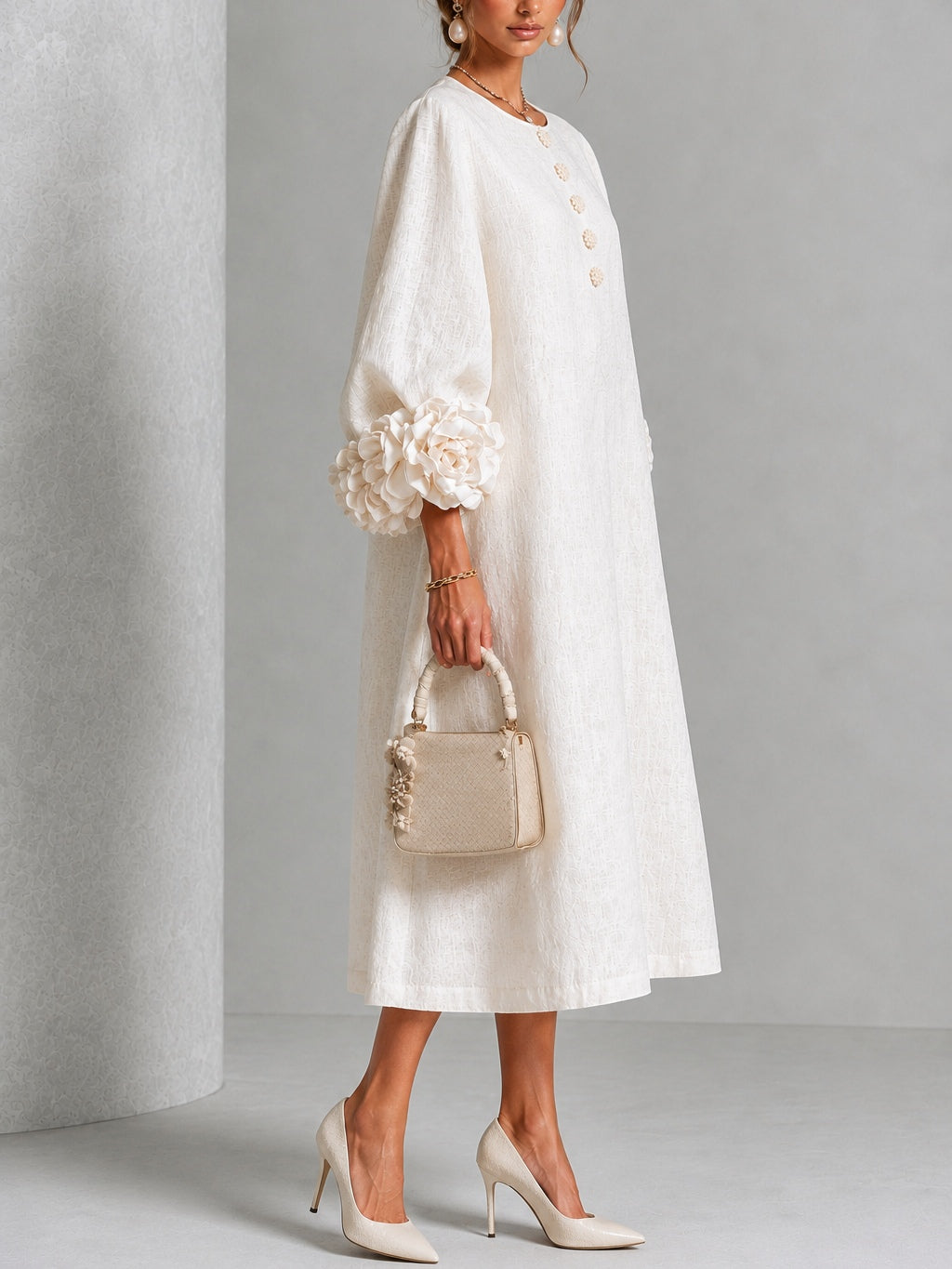 Henrietta | Robe Midi Boutonnée à Manchettes Fleuries
