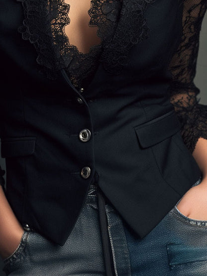 Claudine | Haut Blazer Noir à Manches Semi-Transparentes
