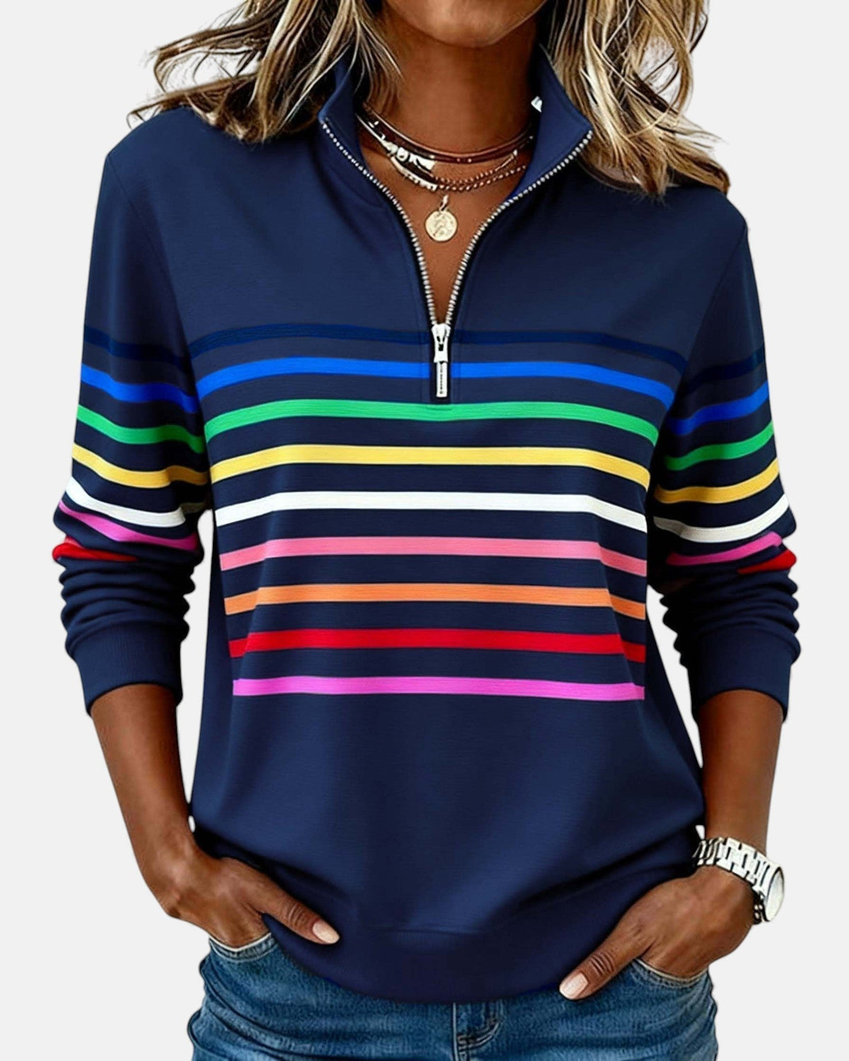Jeanette | Sweat-shirt Rayé à Col Zippé